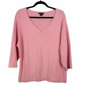 Westbound Woman Pink V-Neck Sweater 3/4 Sleeve Rib Knit Top Plus Size 3X
